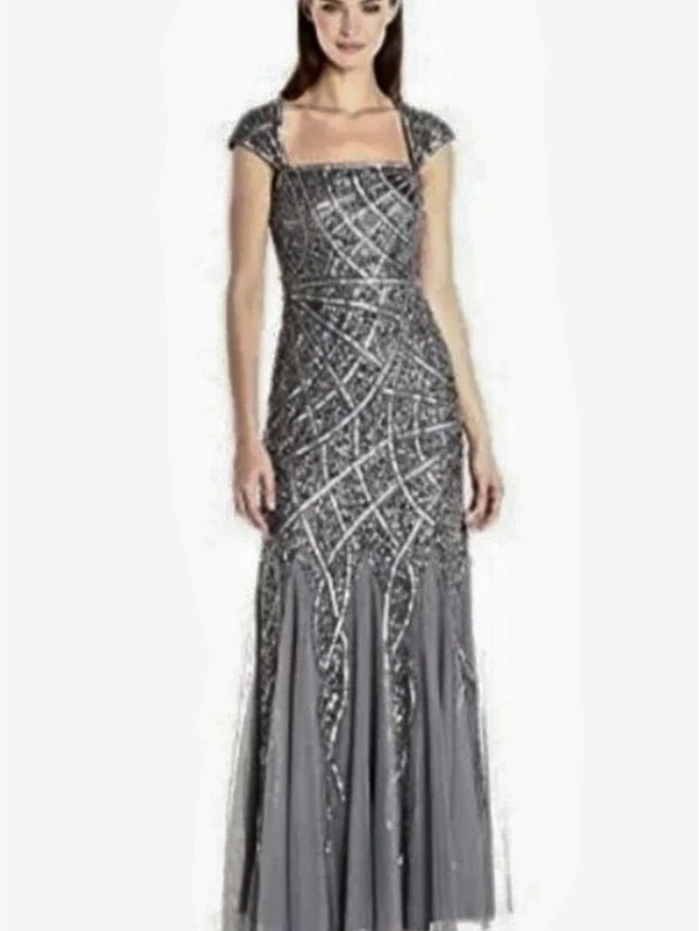 Adrianna Papell Square-Neck Beaded Mesh Gown Gray